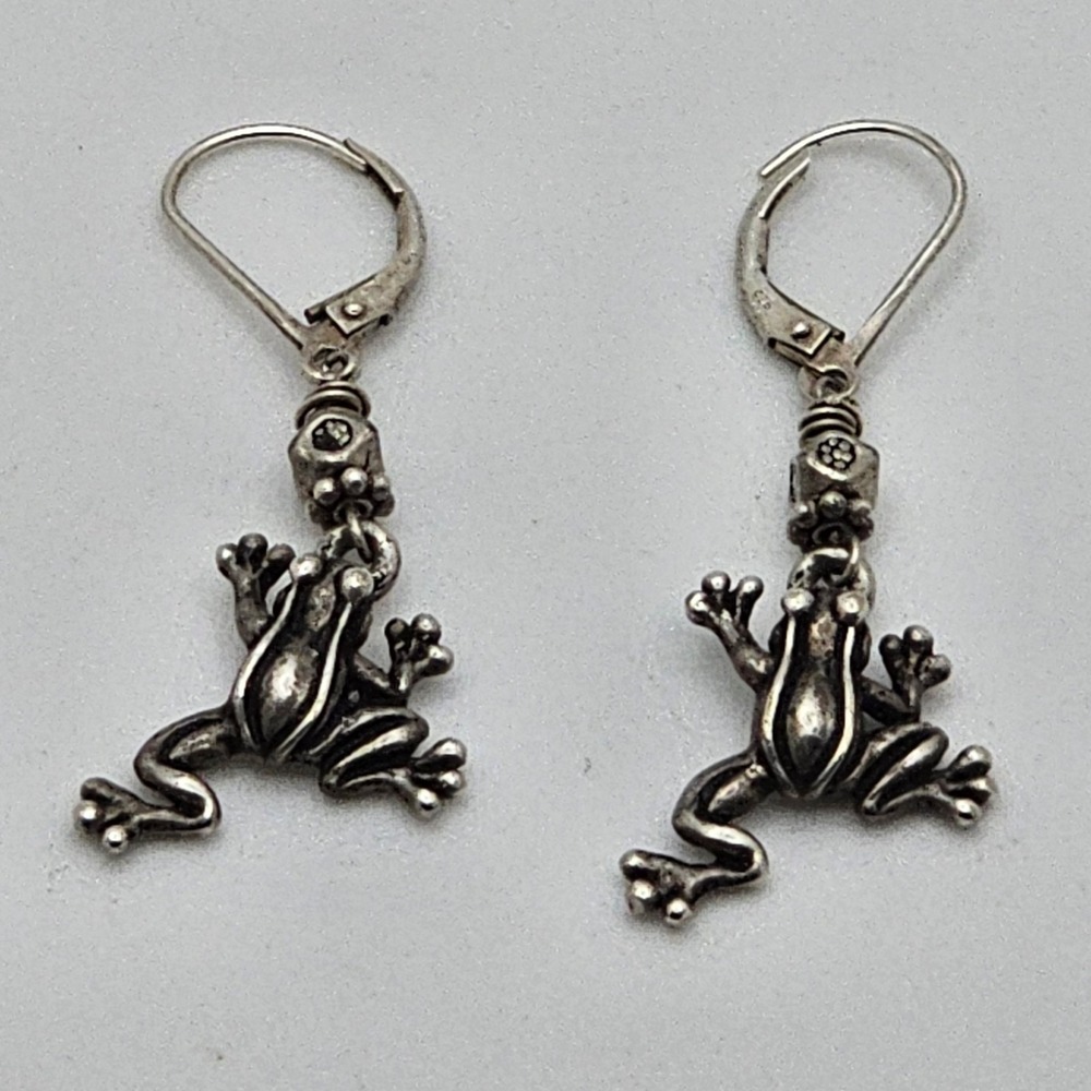 Vintage Jumping Frog Sterling Silver Dangle Hook Earrings 4.2g